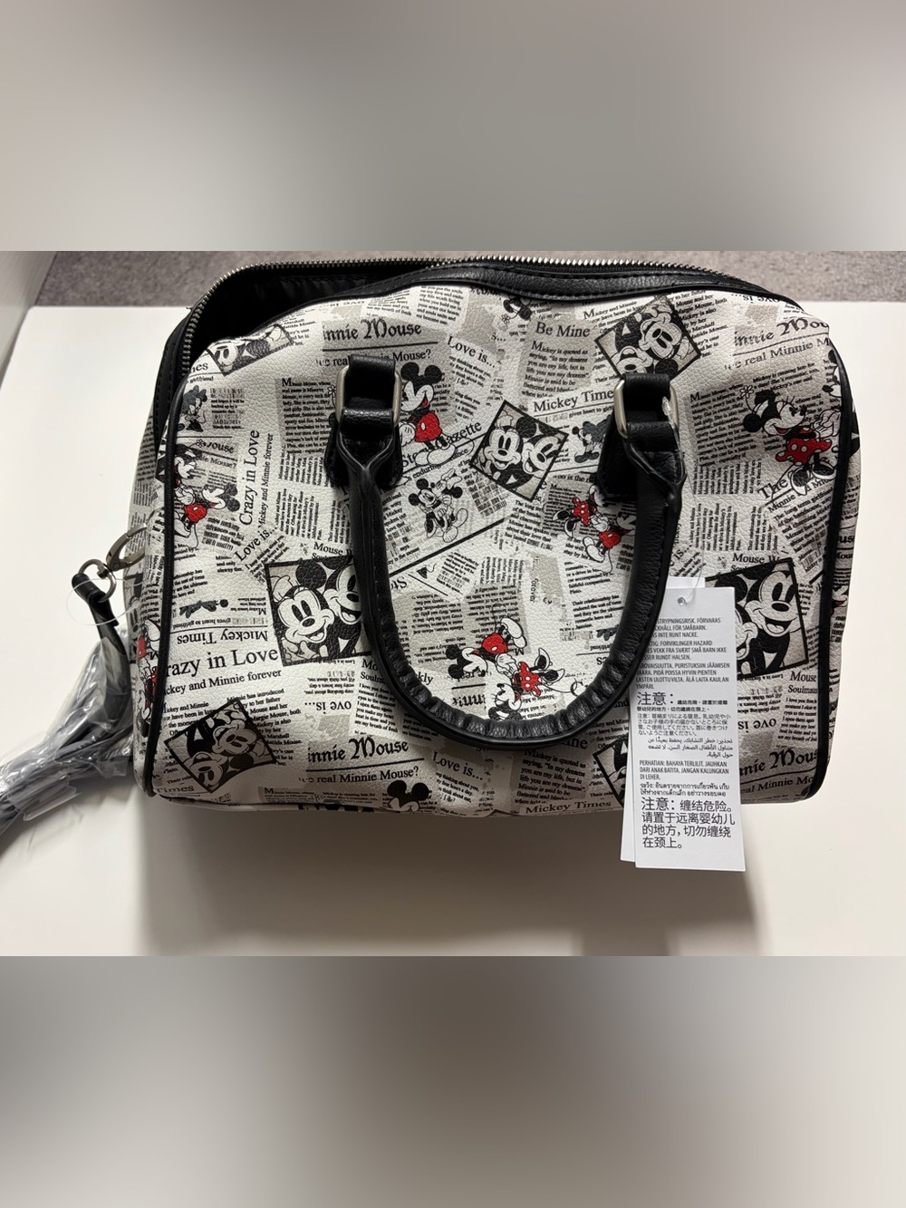 Black & White Minnie Mouse Newspaper Print Satchel and wristlet. NWT
